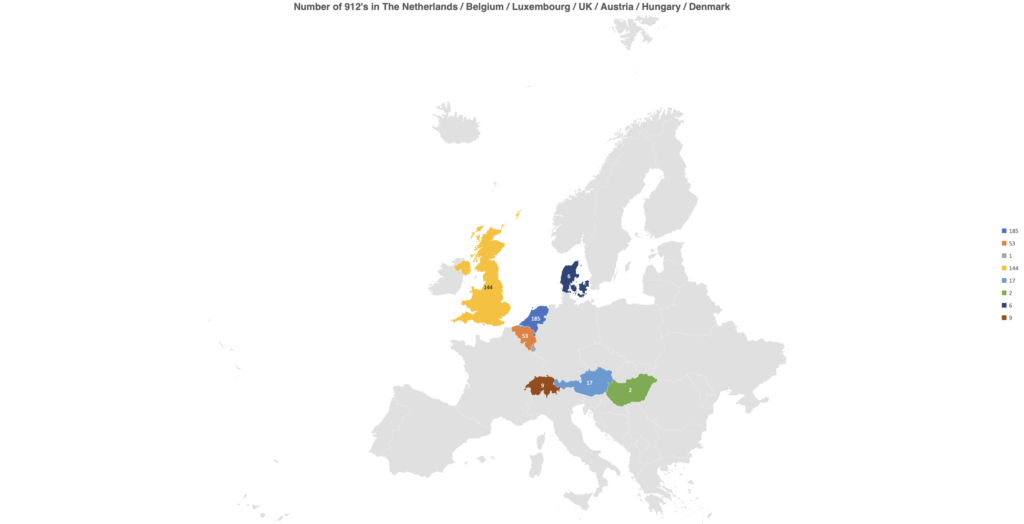 Graph number of registered Porsche 912's modelyears 1965 - 1969 Belgium The Netherlands Luxembourg Denmark Hungary Austria and United Kingdom